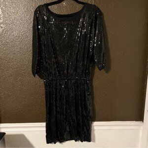 Sequin Black Midi Cocktail Dress with Half Length Sleeves, Karen Kane Size XL